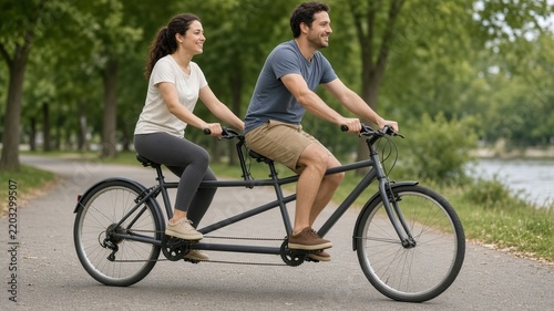 Family tandem ride on park loop path
