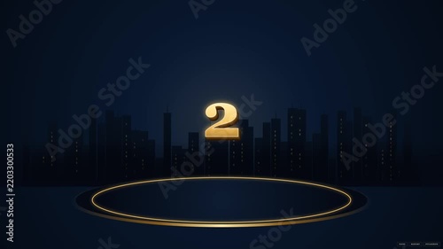 Gold 3D Countdown Animation with Glowing Podium and Night City Skyline Background
