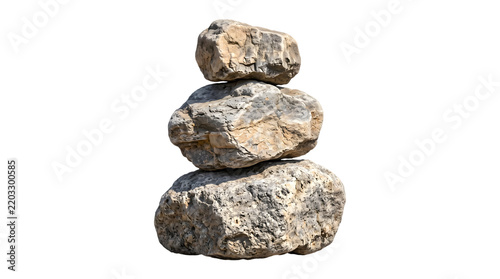 Stack of three rough textured natural stones balanced on white background