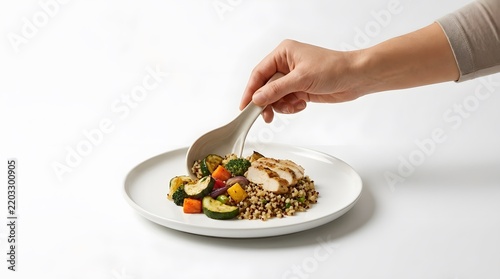 Healthy dinner plate with grilled chicken breast, nutritious quinoa, and colorful steamed vegetables on white background