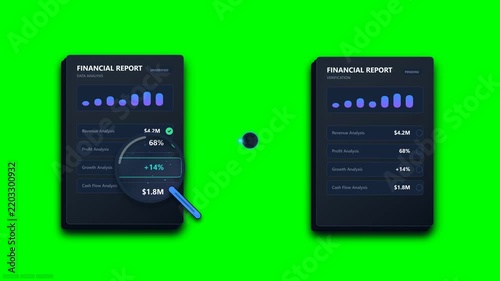 Animated Financial Report Data Audit with Magnifying Glass on Green Screen
