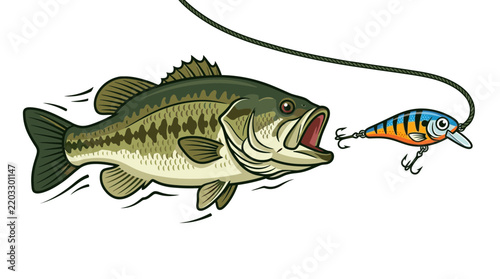 Largemouth Bass Fish Chasing Fishing Lure Cartoon Illustration