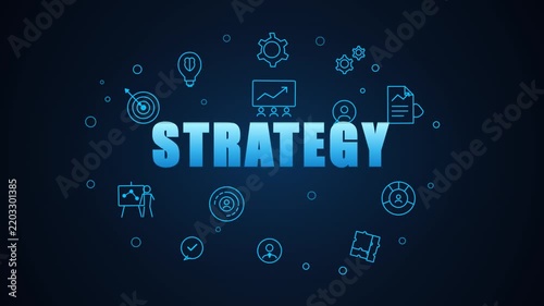 Strategy Word Text Surrounded by Business Outline Icons on Dark Blue Background