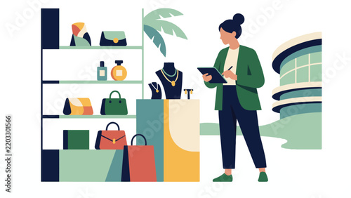 Female shop owner managing luxury boutique inventory flat vector illustration for retail business management concept isolated on white background