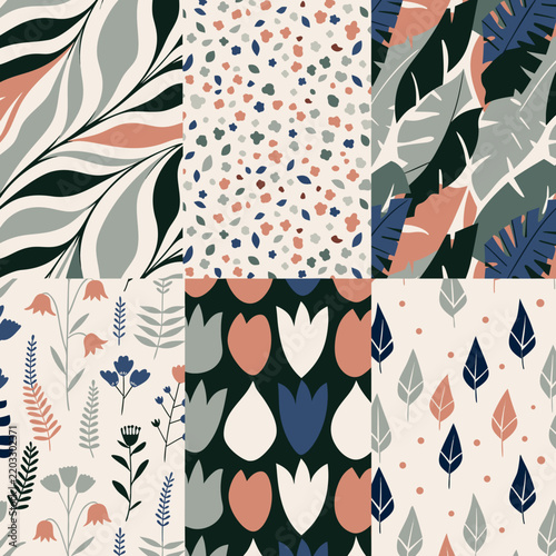 Set of 6 Seamless Botanical Floral Patterns with Abstract Leaves and Flowers