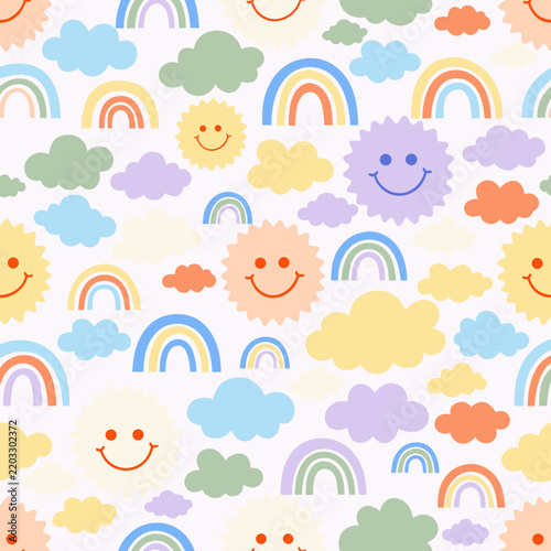 Seamless Cute Rainbow and Smiling Sun Pattern with Colorful Clouds for Kids