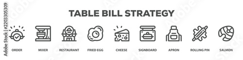 Table Bill Strategy with icon of Order, Mixer, Restaurant, Fried egg, Cheese, Signboard, Apron, Rolling pin, Salmon