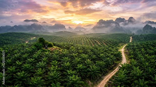 Aerial view of palm oil plantation at sunset in Thailand landscape
