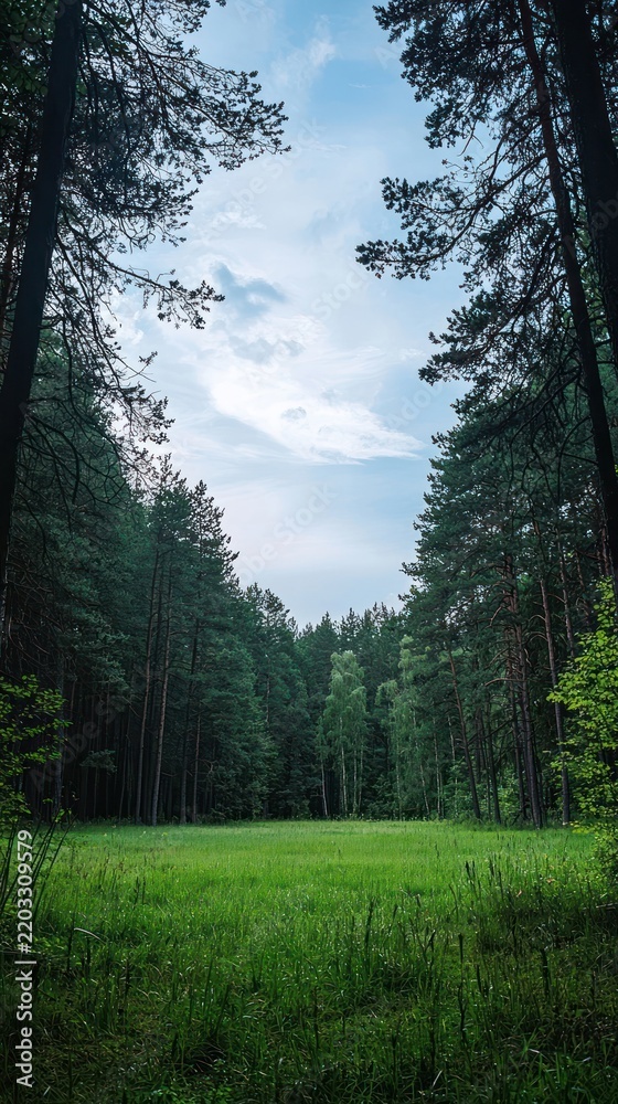 Obraz premium Serene forest clearing with tall pines, blue sky, mobile wallpaper