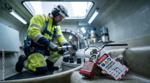 Wind turbine technician performing maintenance inside a nacelle with a lockout tagout safety device