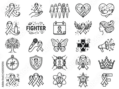 Breast cancer awareness ribbon icon set line art vector bundle with diverse symbols for healthcare and oncology support campaigns