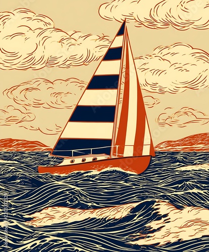 Vintage Nautical Illustration of a Sailboat Navigating Through Rough Ocean Waves Under Cloudy Skies