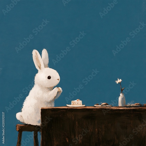 Enchanting illustration of a fluffy white rabbit poised at a rustic wooden table, enjoying a quiet, contemplative moment with a slice of cake and a delicate flower against a calming blue backdrop
