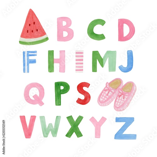 Colorful Watercolor Alphabet Letters and Cute Fruit and Shoes Illustration Set for Kids Education