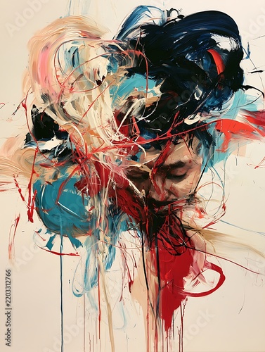 Expressive Abstract Portrait Featuring Chaotic Colorful Brushstrokes and Dynamic Oil Painting Elements Blending Human Emotion and Artistic Energy