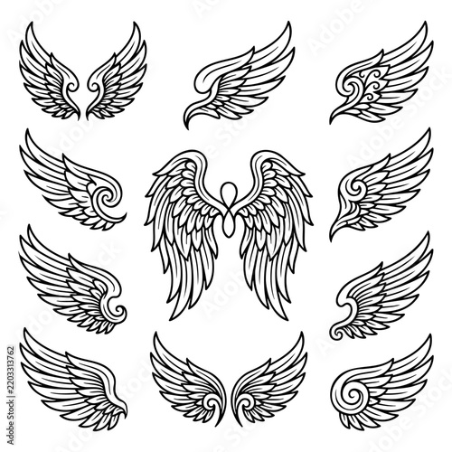 Set of Detailed Angel Wings Hand Drawn Vector Illustration