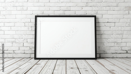 blank black horizontal picture frame on the white concrete wall