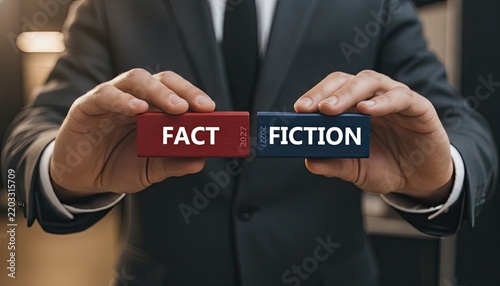 Man in formal suit holds two wooden blocks labeled fact and fiction with year 2027 marking the dichotomy of information in the future.