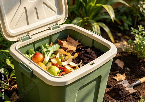 Open compost container showing food scraps and leaves during natural household organic waste decomposition.