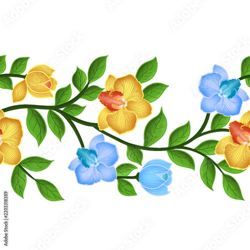 Yellow and blue orchid vining border, horizontally seamless floral pattern digital illustration PNG