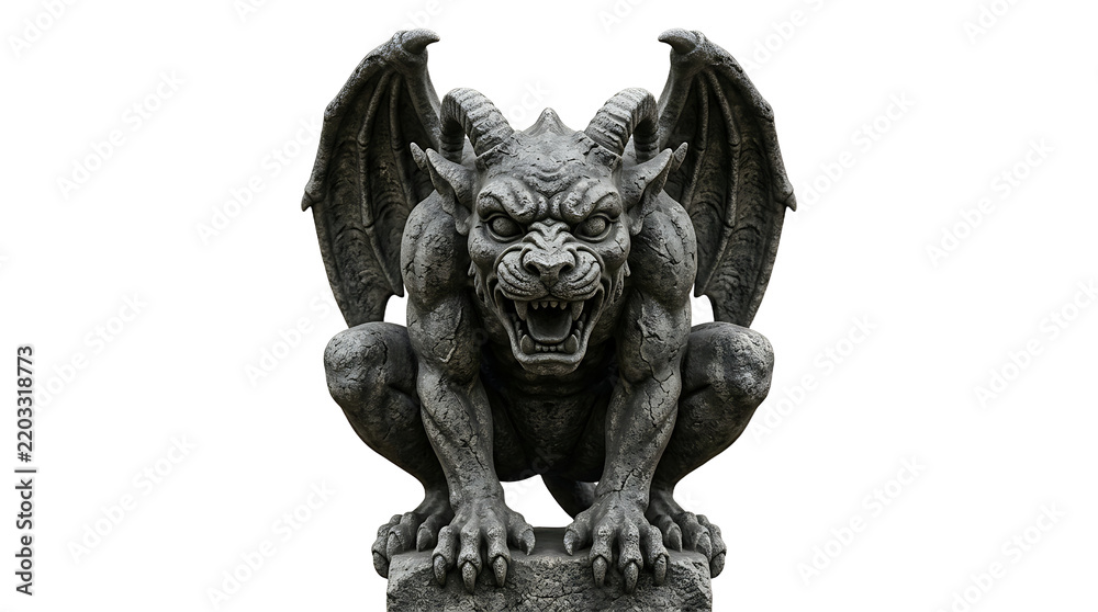 Fototapeta premium Stone gargoyle with open mouth and wings isolated on transparent background
