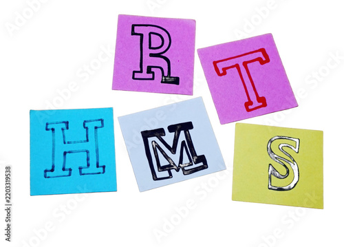 Five square paper cards featuring hand-drawn letters r, t, h, m, s on white background isolated on a transparent background