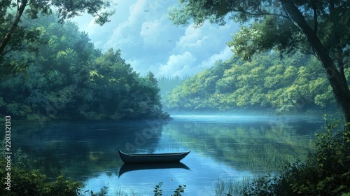 Serene Lake Landscape with Canoe and Lush Green Forest Reflections