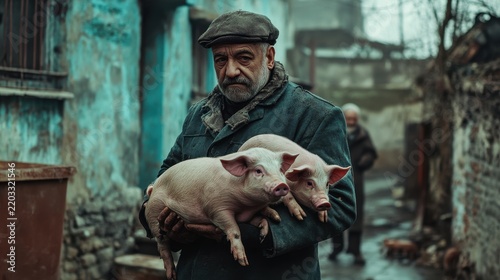 Man Holding Two Pigs in Rustic Setting with Urban Background
