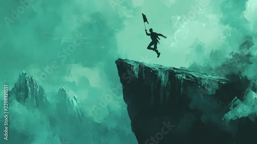 Brave Person Holding Spear on Edge of Cliff Surrounded by Mountains