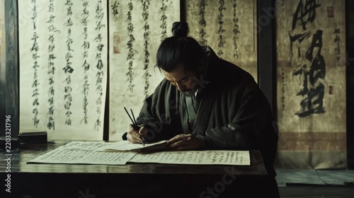 Traditional Calligraphy Practice by a Master in a Historical Setting