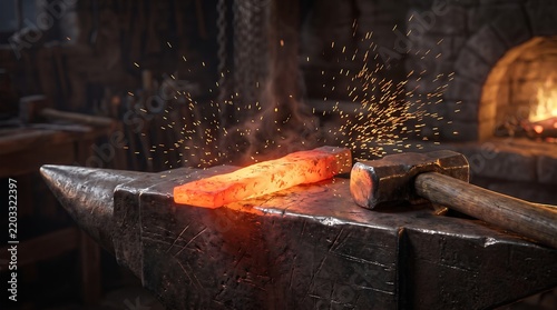 Forged steel being hammered on a dark metal anvil in a blacksmith s workshop setting blacksmithing forging hammer hammering hotmetal
