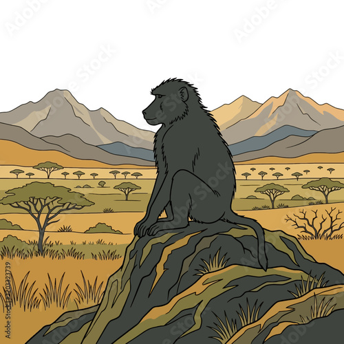 A baboon sits on a rock, observing its surroundings with a thoughtful expression. Vector illustration. Isolated on a white background
