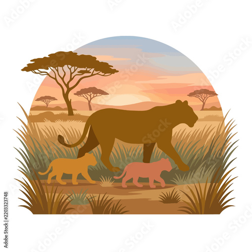 Lioness and cubs walking in the savanna. Vector line art illustration. Isolated on a white background