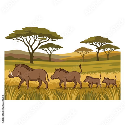 A family of warthogs walking across the African savanna. Vector line art illustration. Isolated on a white background