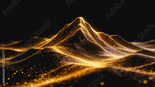 A 3D abstract landscape of a mountain made of glowing golden particles, set against a dark high-contrast background, forming a modern artistic visual element.
