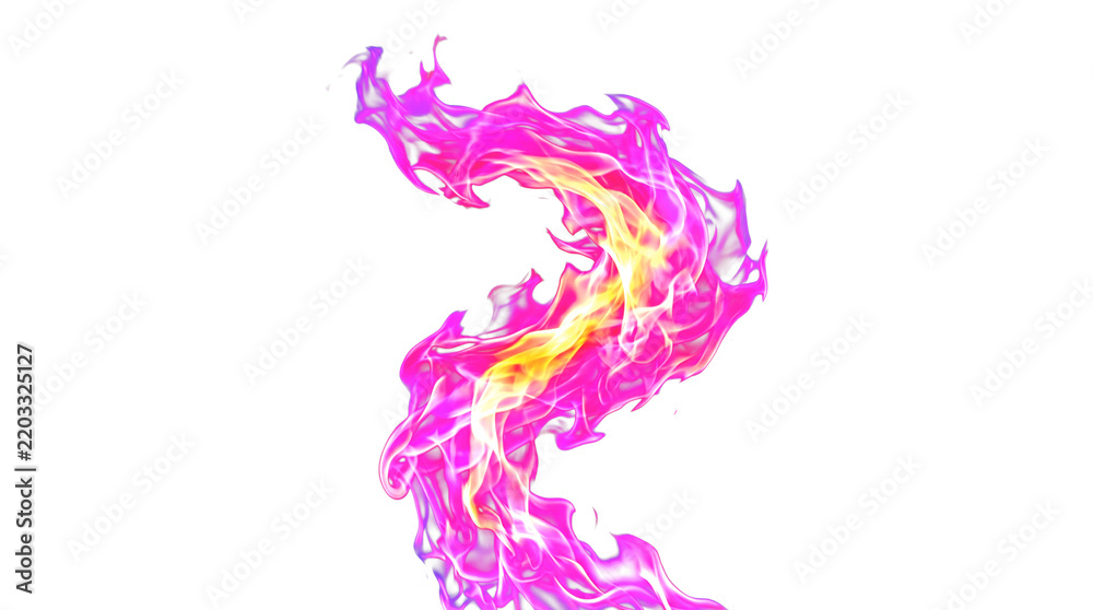 Fototapeta premium Vibrant pink and purple flame swoosh isolated on transparent background, 3D render with neon yellow core, ideal for gaming, esports, and social media graphics.