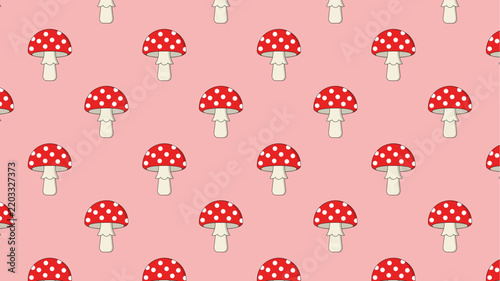 Cute Red Mushroom Pattern Seamless Background.