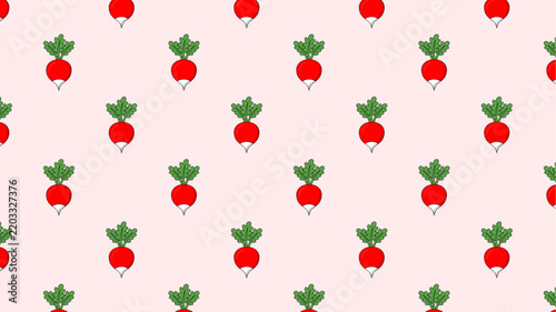 Seamless Pattern of Fresh Red Radishes with Green Leaves.