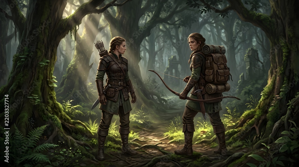 Obraz premium Two fantasy rangers, a female ranger and her companion, exploring a dense ancient forest illuminated by sunlight beams, adventure concept, digital art illustration.