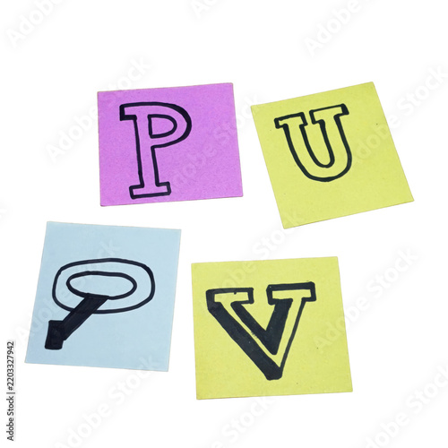 Four colorful square paper notes with handwritten letters isolated on a transparent background