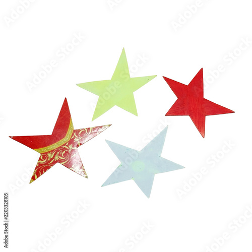 Four decorative paper stars in different colors isolated on a transparent background