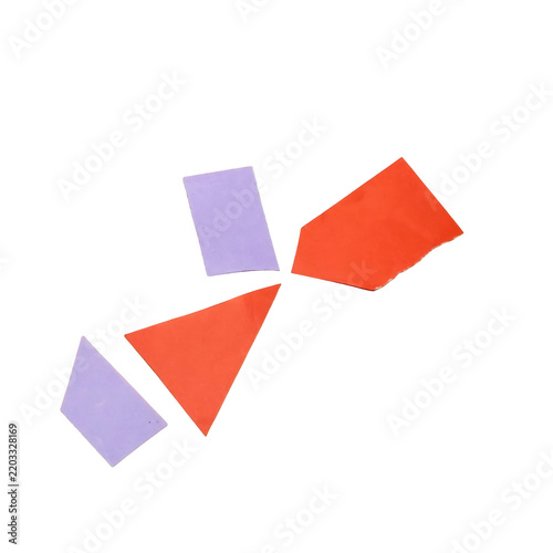 Four geometric paper cutouts in orange and purple isolated on a transparent background
