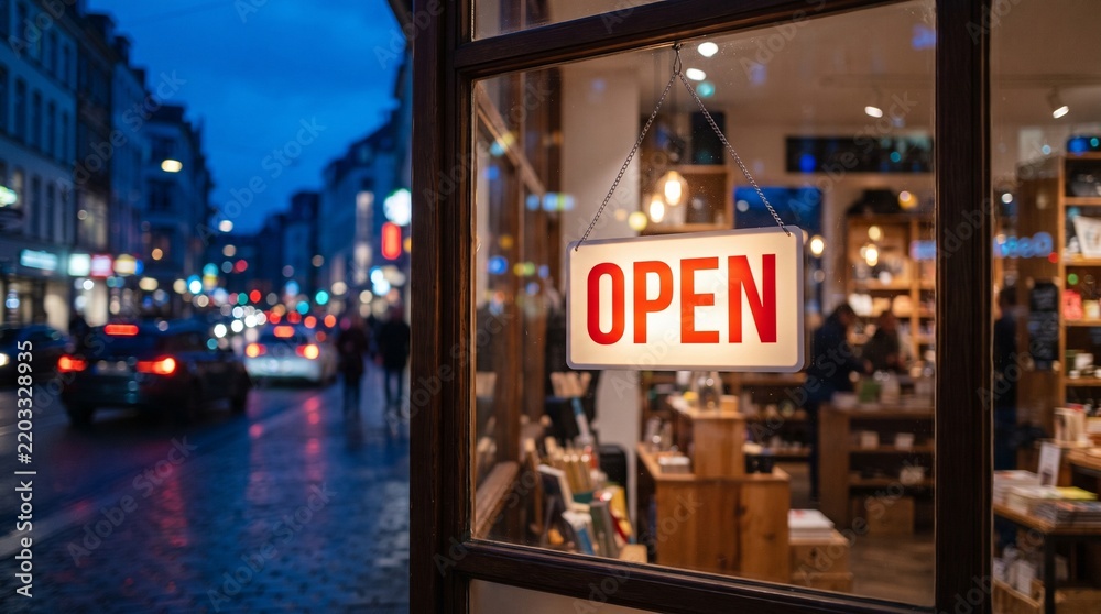 Obraz premium Illuminated Open Sign Hanging in a Cozy Boutique Window on a Bustling City Street at Dusk with People Browsing and Evening Traffic