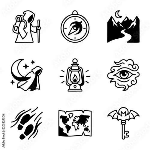 Fantasy Adventure Icons: Hooded Figure, Compass, Mountains, Lantern, Map, Key