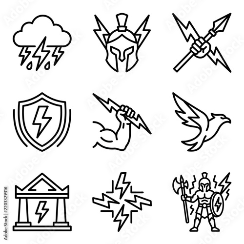 Ancient Greek Mythology Icons: Zeus, Power, Lightning, Gods, War, Storm