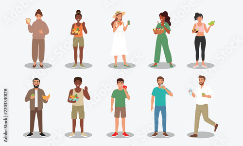 Peoples eating healthy food vector graphic collection
