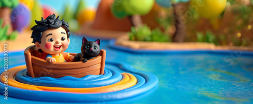 Charming clay art illustration of a smiling boy and black cat in a wooden boat, floating on blue plasticine water. Ideal for children storytelling, educational content, craft concepts and media.