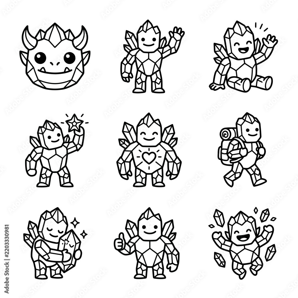 Obraz premium Cute Crystal Character Collection: Happy Gems, Fantasy Creatures, Geometric Monsters