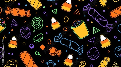 neon glowing doodle line art of halloween candies lollipops and sweet treats on black background for festive overlay and patterns