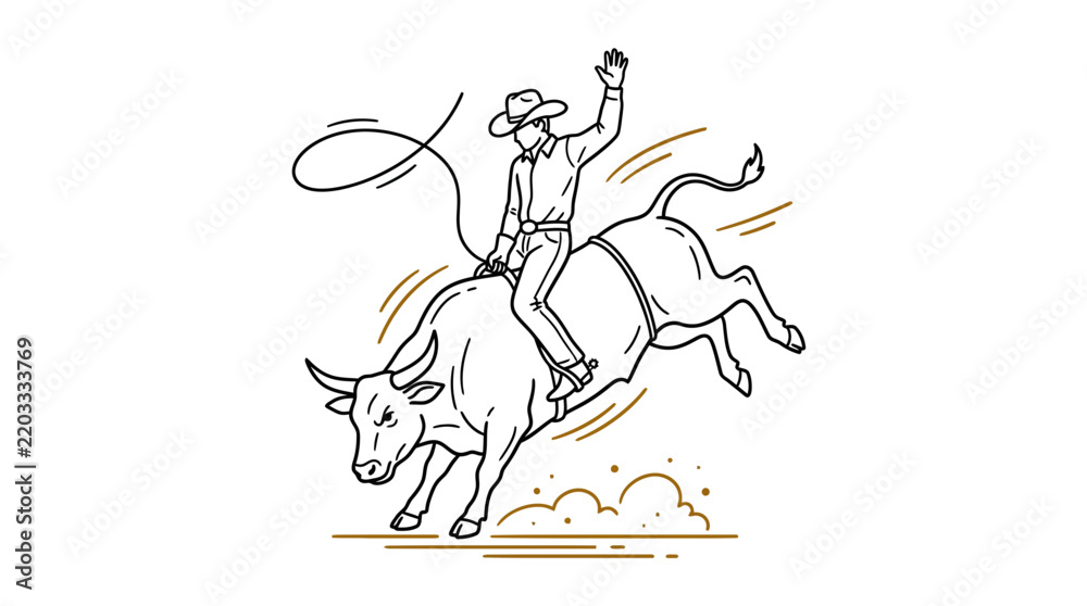 Obraz premium Professional Rodeo Athlete riding a bucking bull in a minimalist line art style on white background, perfect for sports branding, western event posters and apparel design